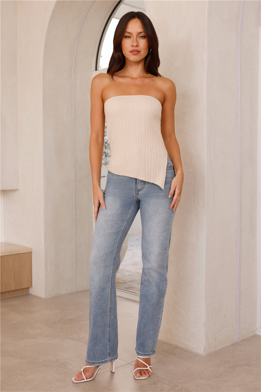 Tropic Nights Strapless Ribbed Top Beige