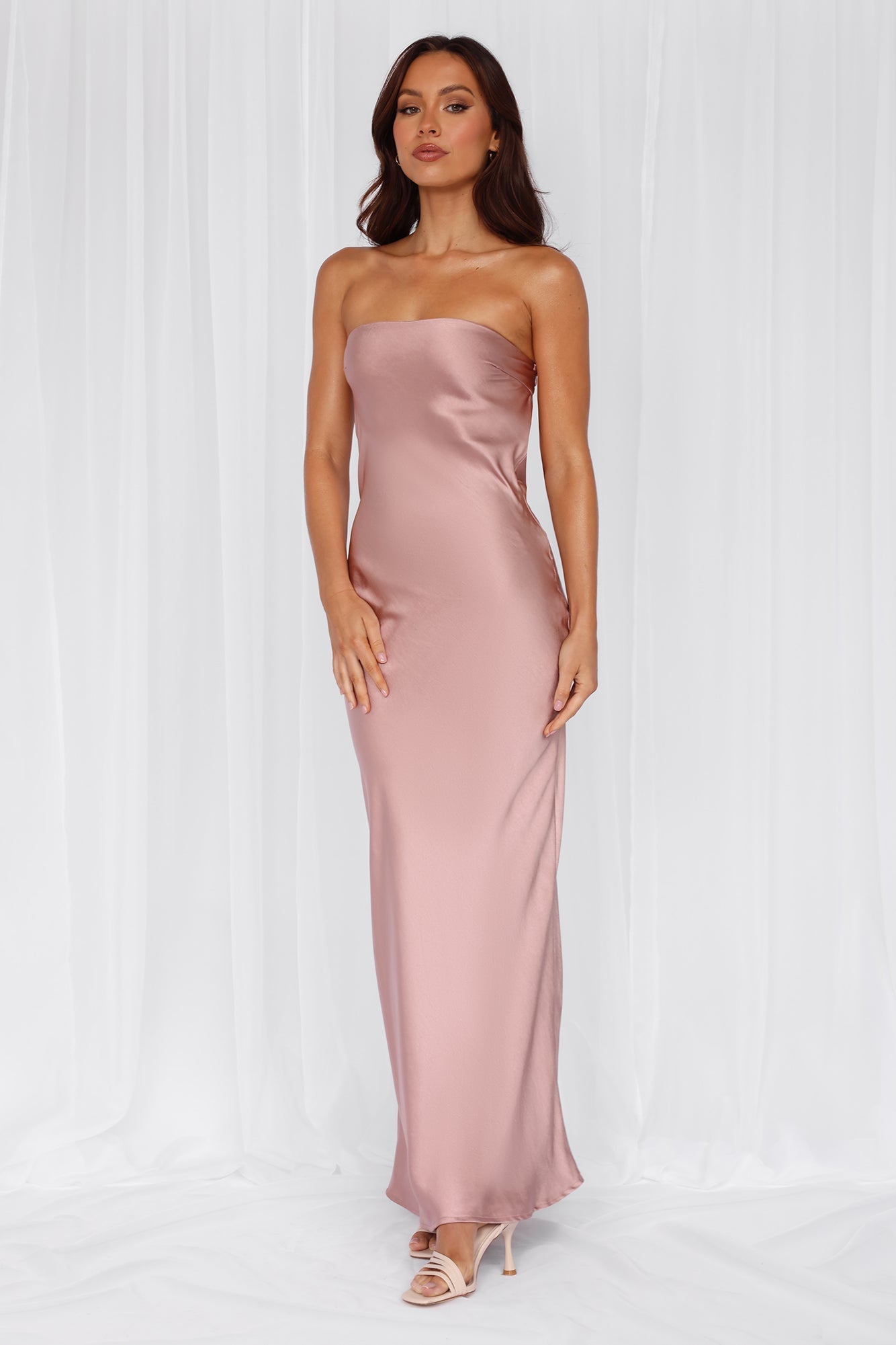 The Felicity Strapless Satin Maxi Dress Dusty Pink