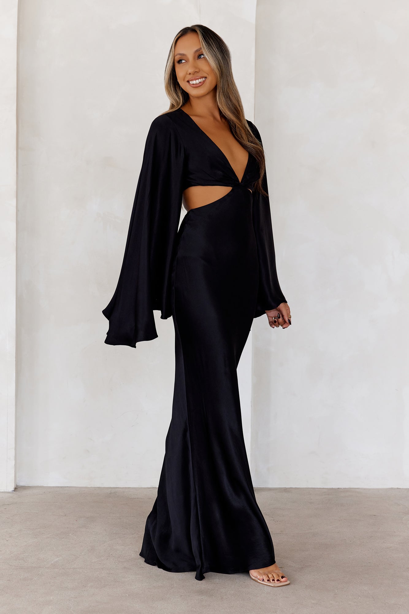 Twilight Goddess Satin Long Sleeve Maxi Dress Black
