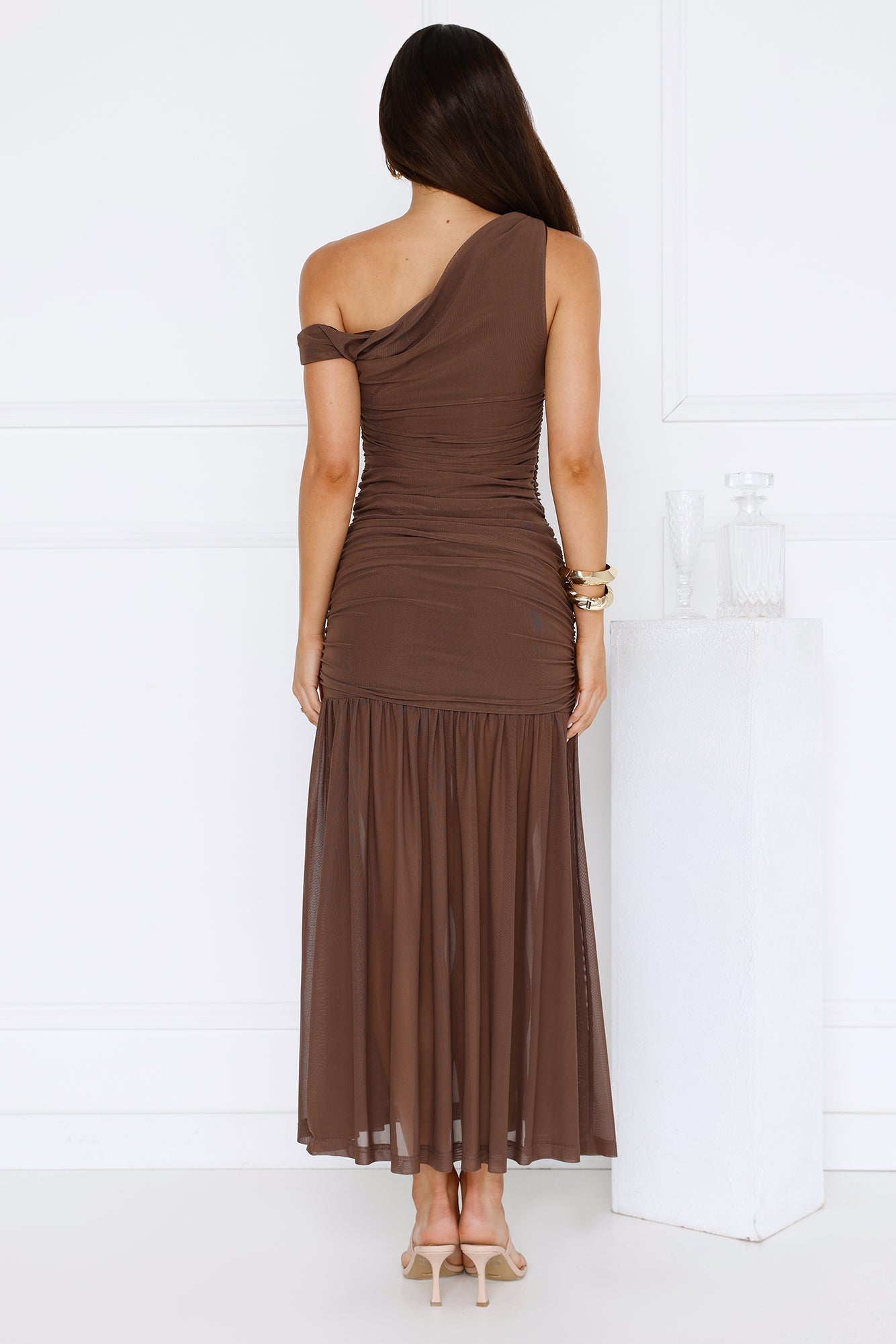 Stylish Diva Mesh Off Shoulder Midi Dress Brown