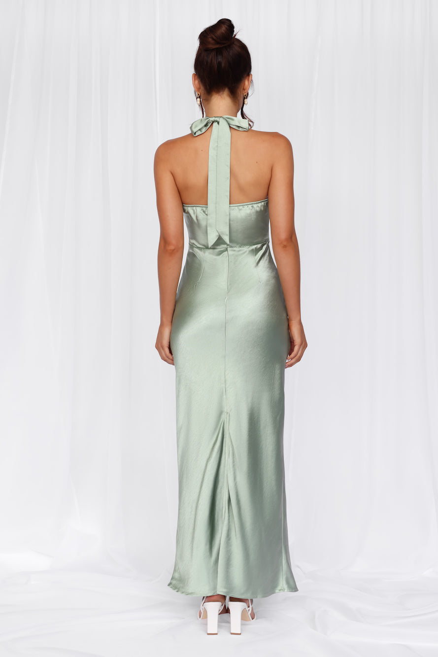 The Cleo Halter Satin Maxi Dress Sage