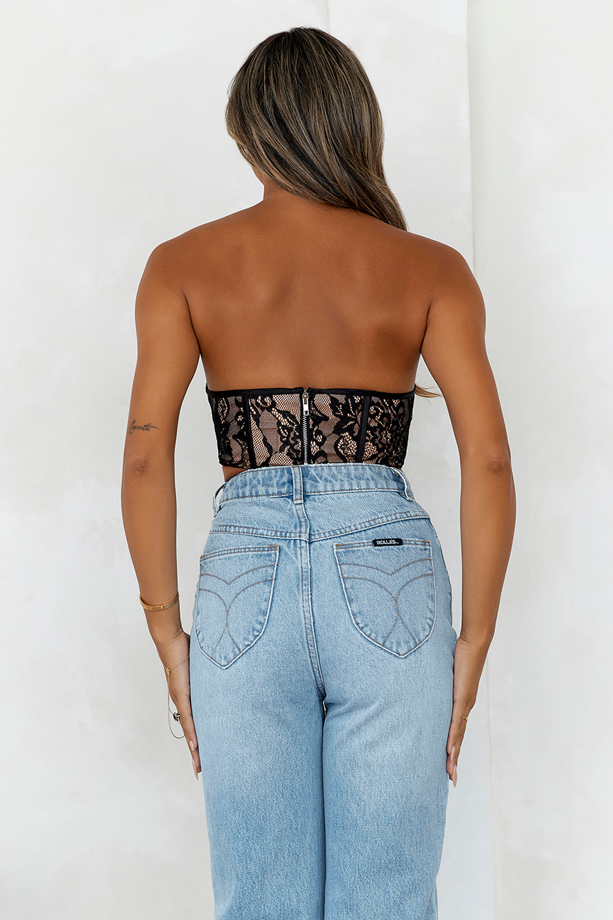HELLO MOLLY Romance In Lace Strapless Crop Top Black