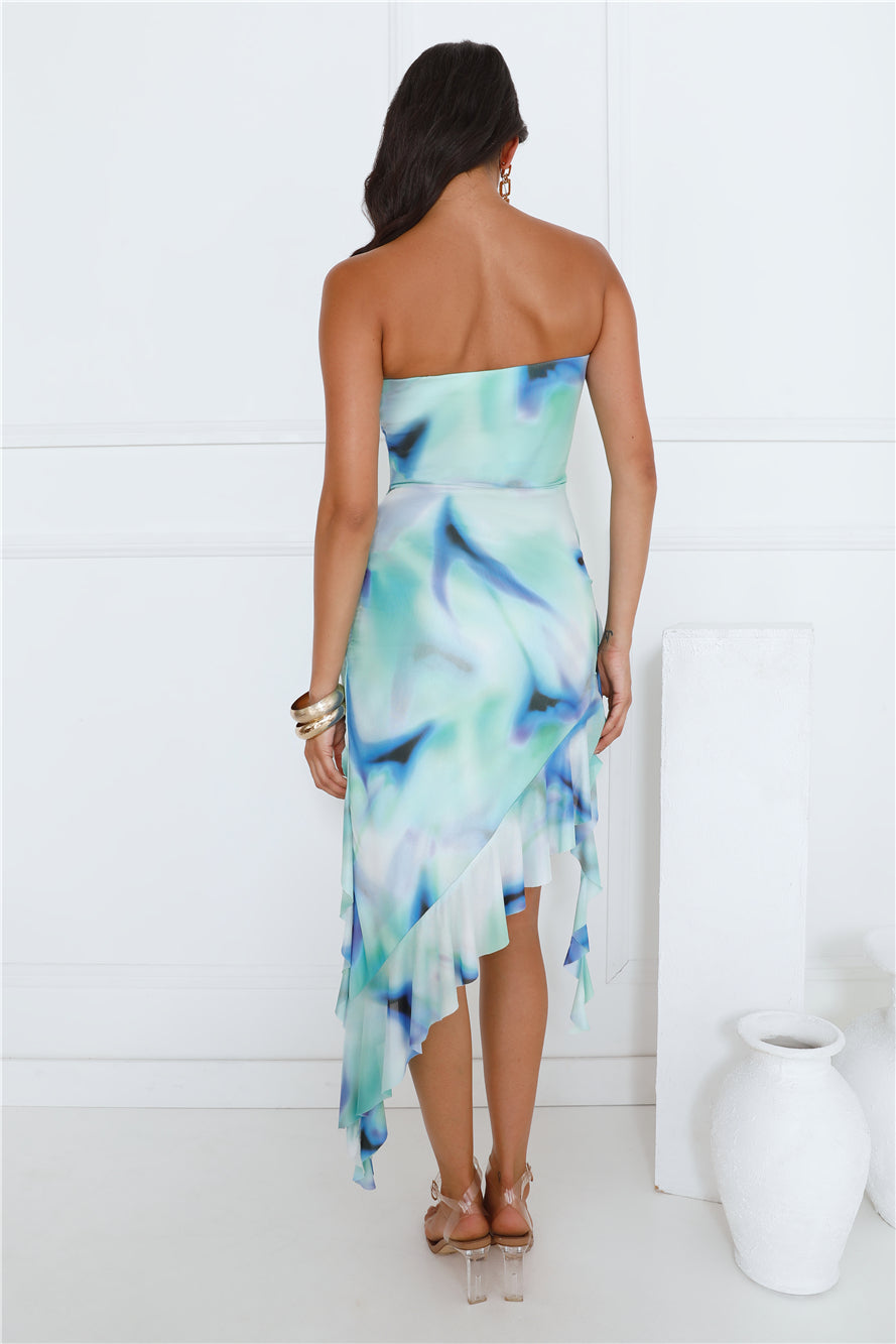 Lover Status Strapless Mesh Frill Midi Dress Green
