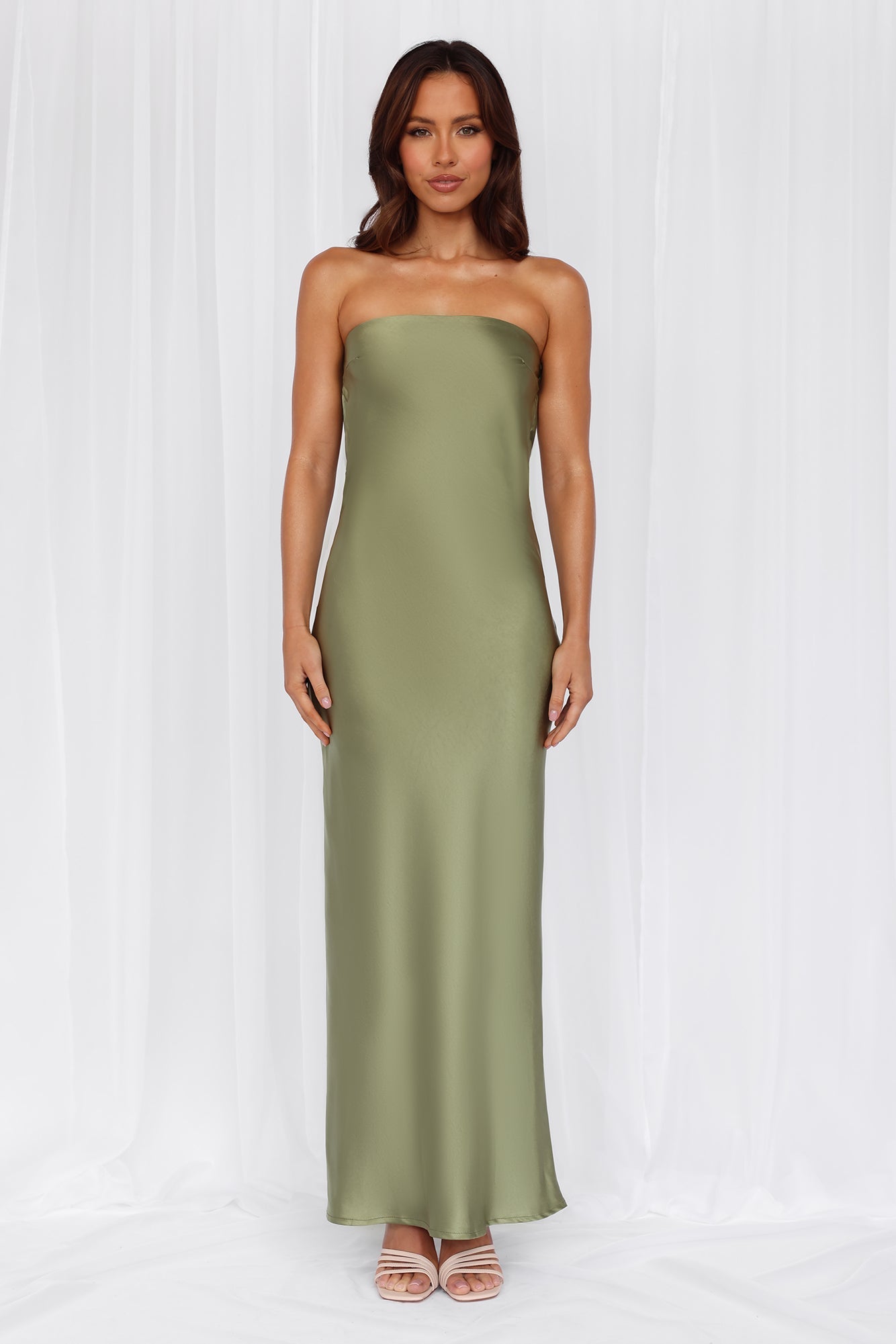 The Felicity Strapless Satin Maxi Dress Olive