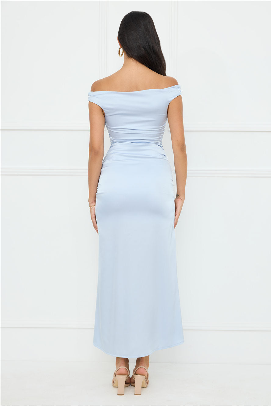 Polished Radiance Off Shoulder Satin Maxi Dress Blue