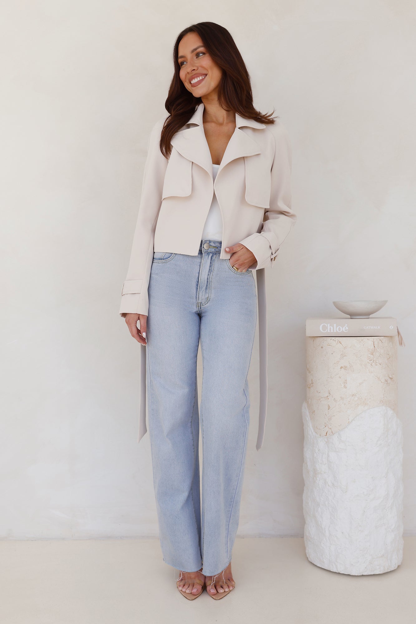 Winter Effect Cropped Trench Coat Beige