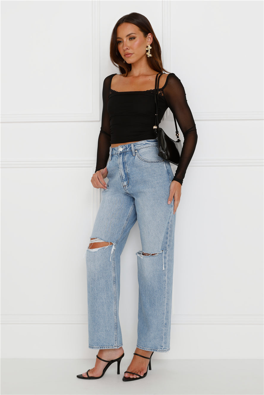 Decadent Style Mesh Long Sleeve Crop Top Black