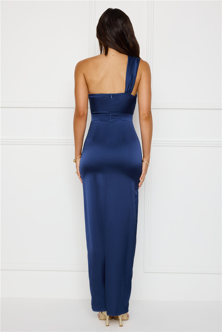 Strong Desire Satin One Shoulder Maxi Dress Navy
