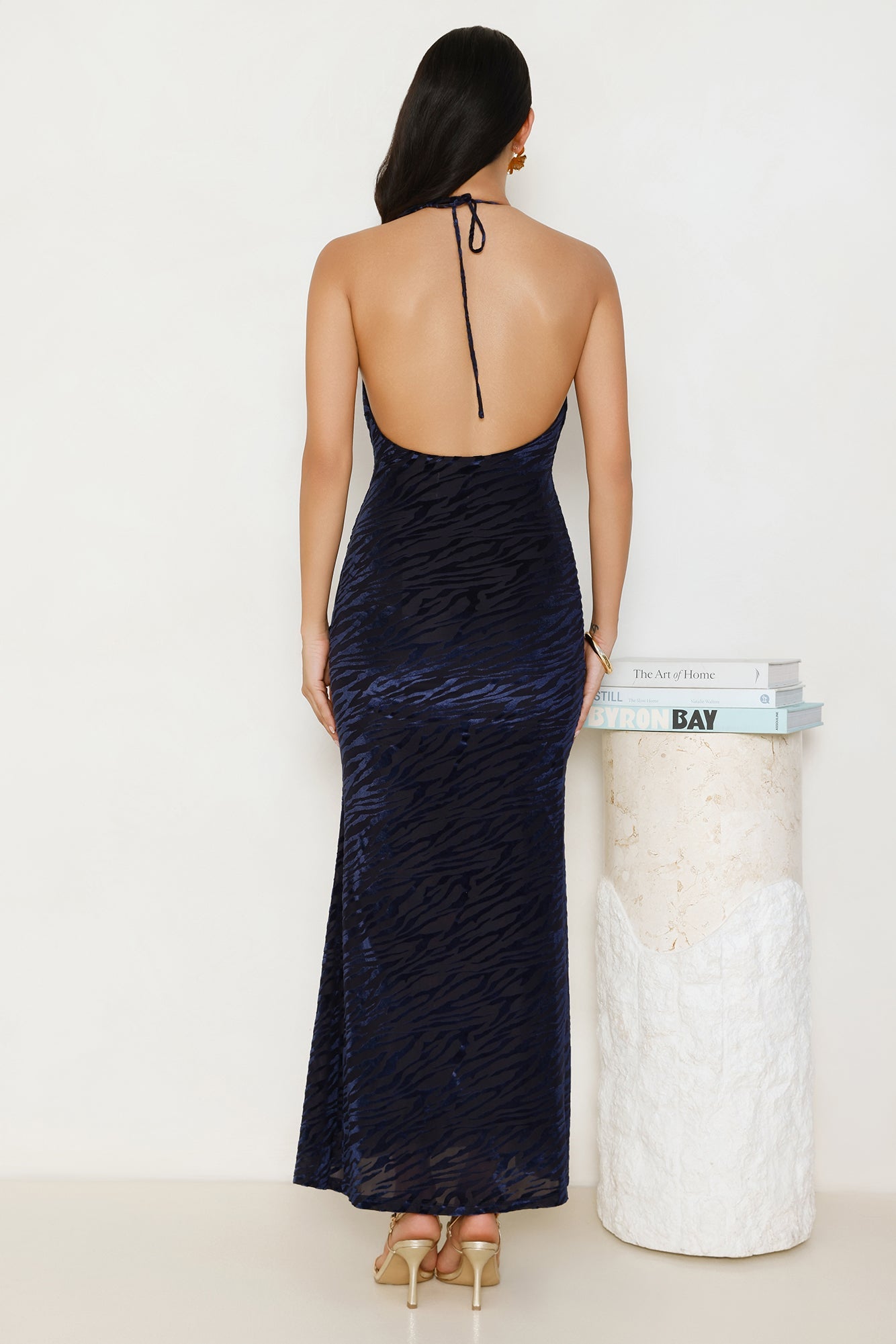 Zebra Charm Halter Maxi Dress Navy