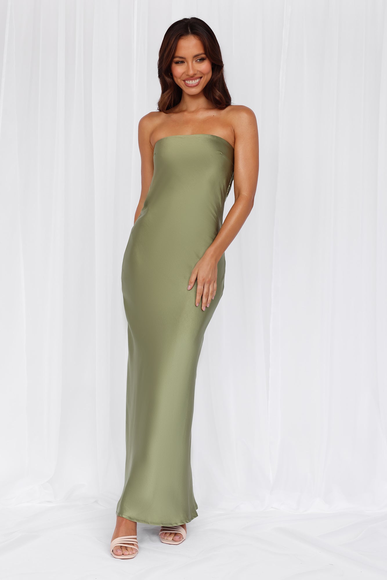 The Felicity Strapless Satin Maxi Dress Olive