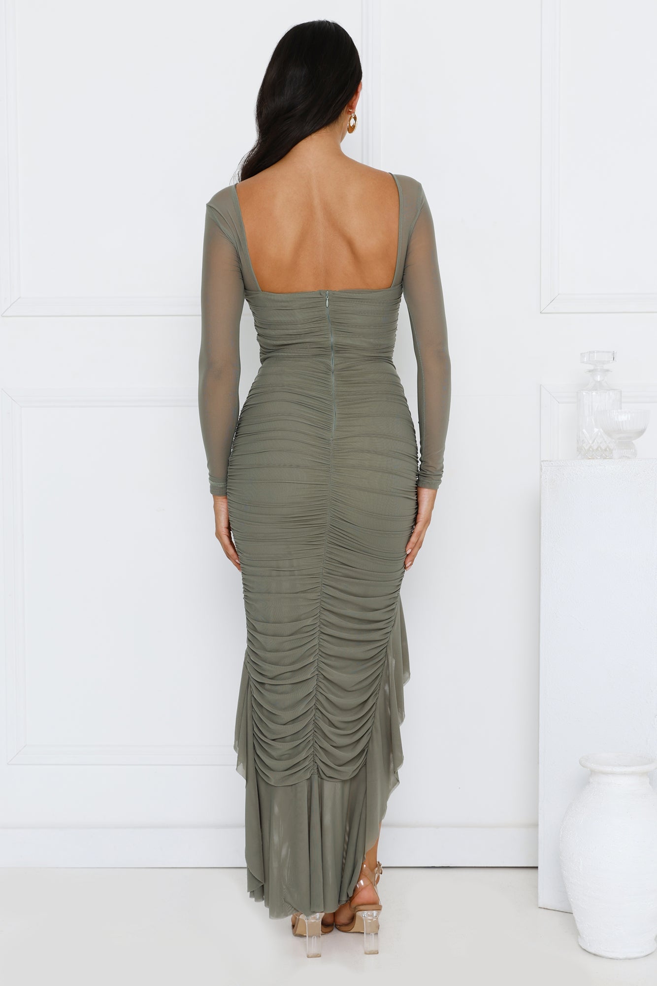 Fashion Exhibition Long Sleeve Mesh Maxi Dress Olive