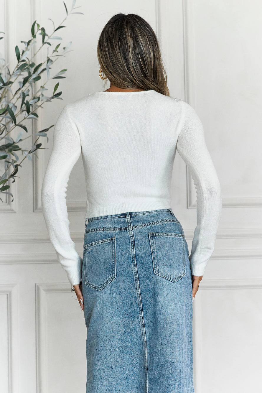 Ski Lodge Knit Long Sleeve Crop Top White