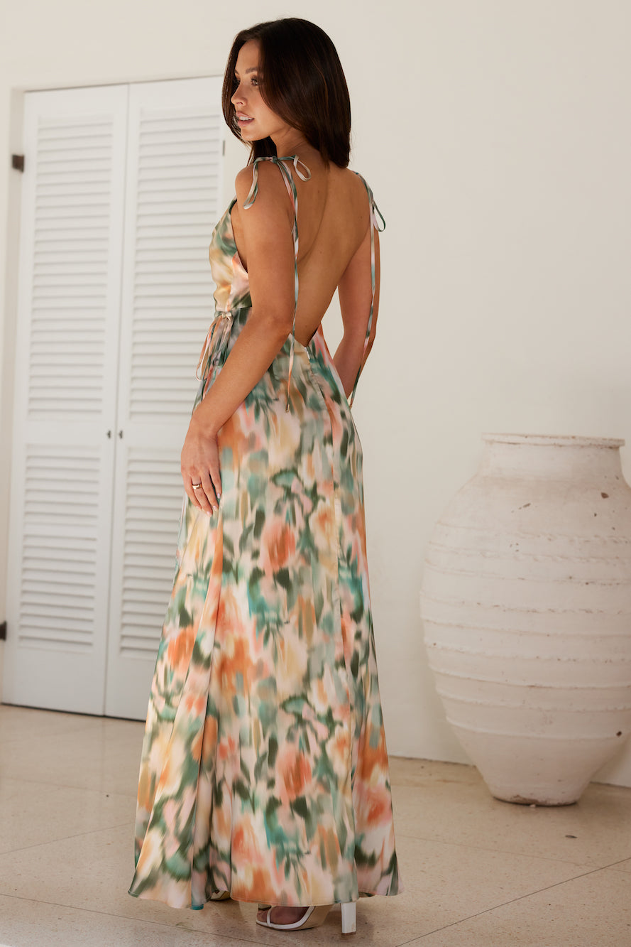 HELLO MOLLY Painted Sunset Satin Maxi Dress Green