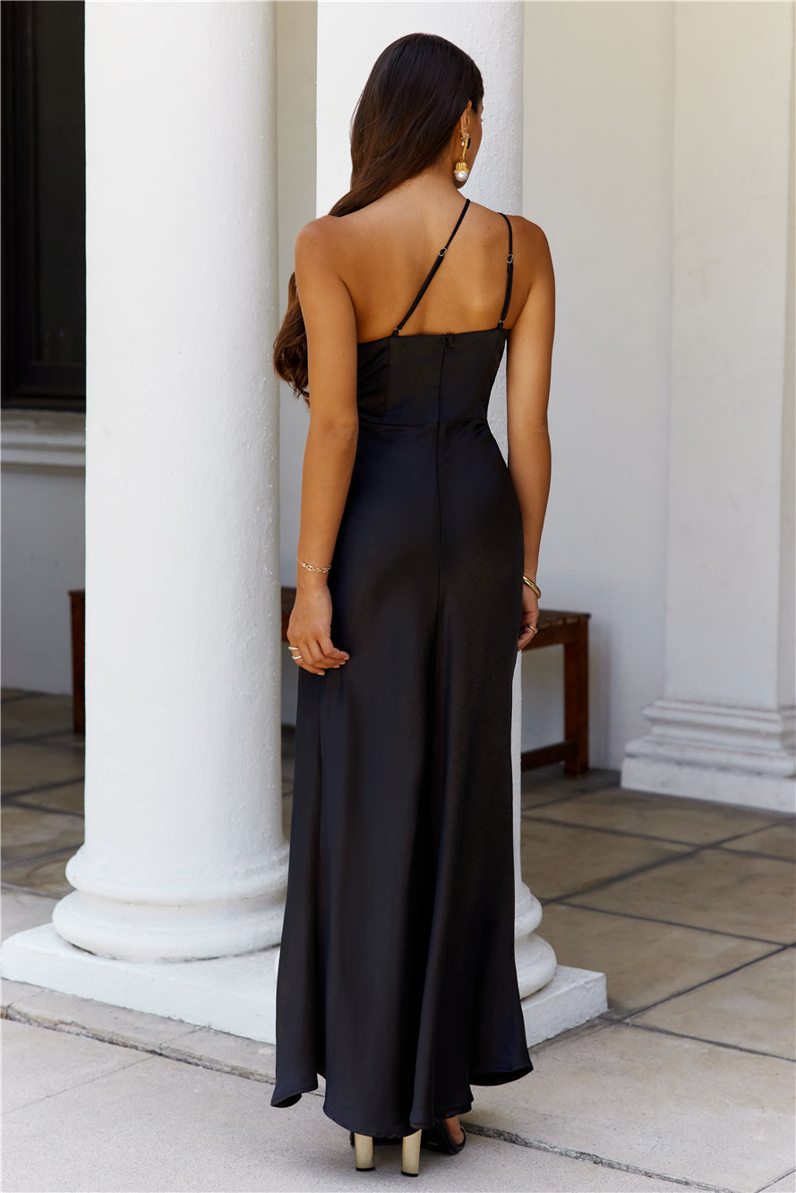 Show You Love One Shoulder Satin Maxi Dress Black