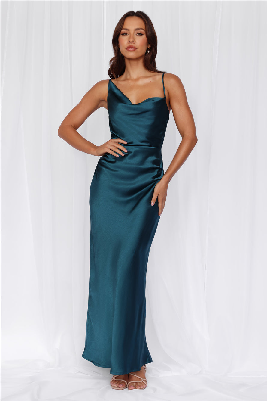 HELLO MOLLY The Madeline Cowl Satin Maxi Dress Teal