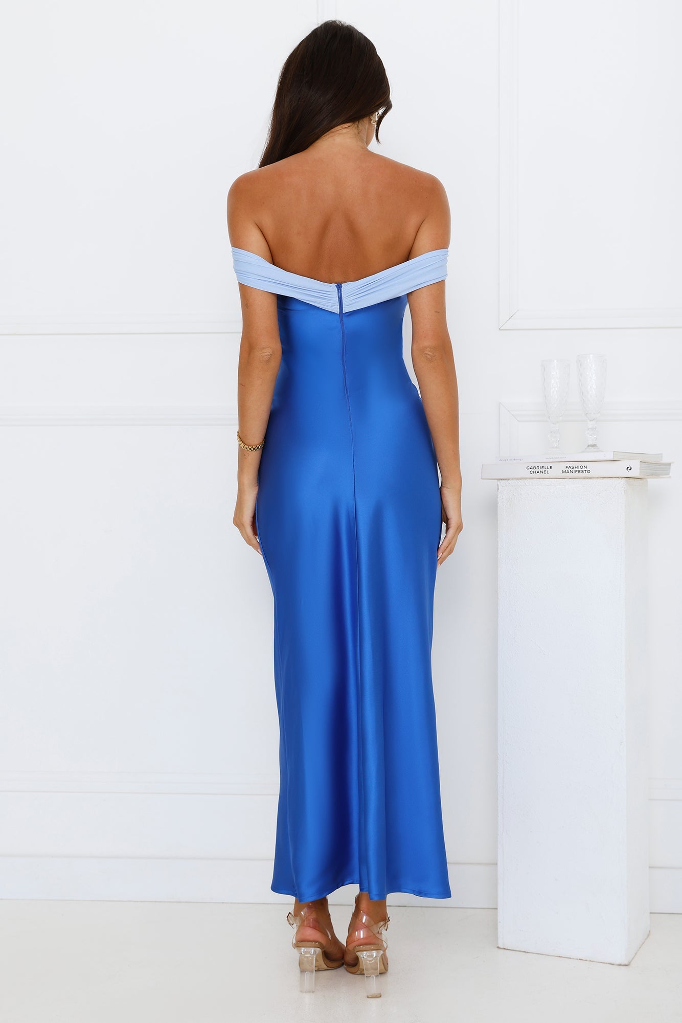 Luxe And Likes Off Shoulder Satin Maxi Dress Blue