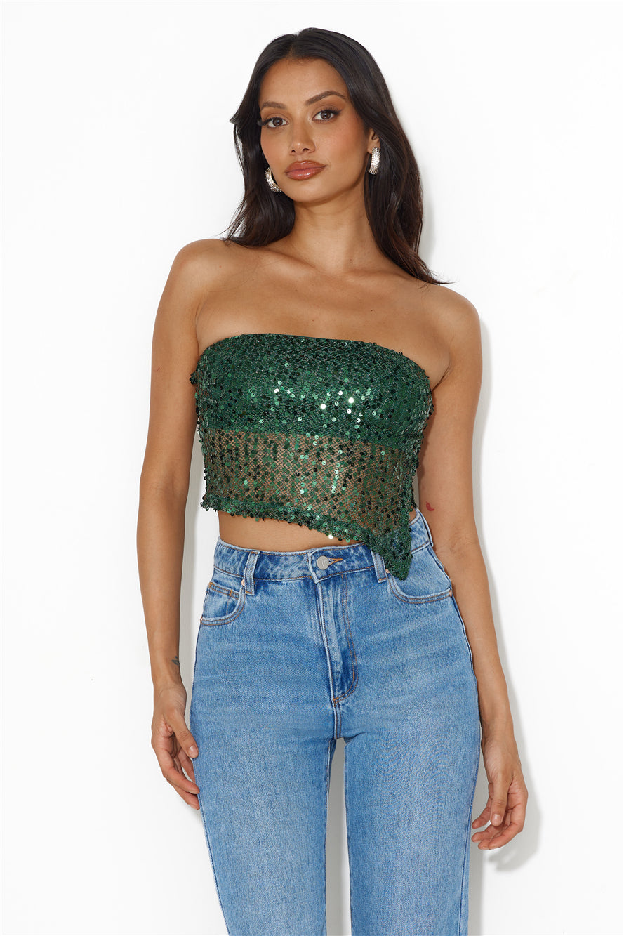 She Is The Party Strapless Sequin Crop Top Teal