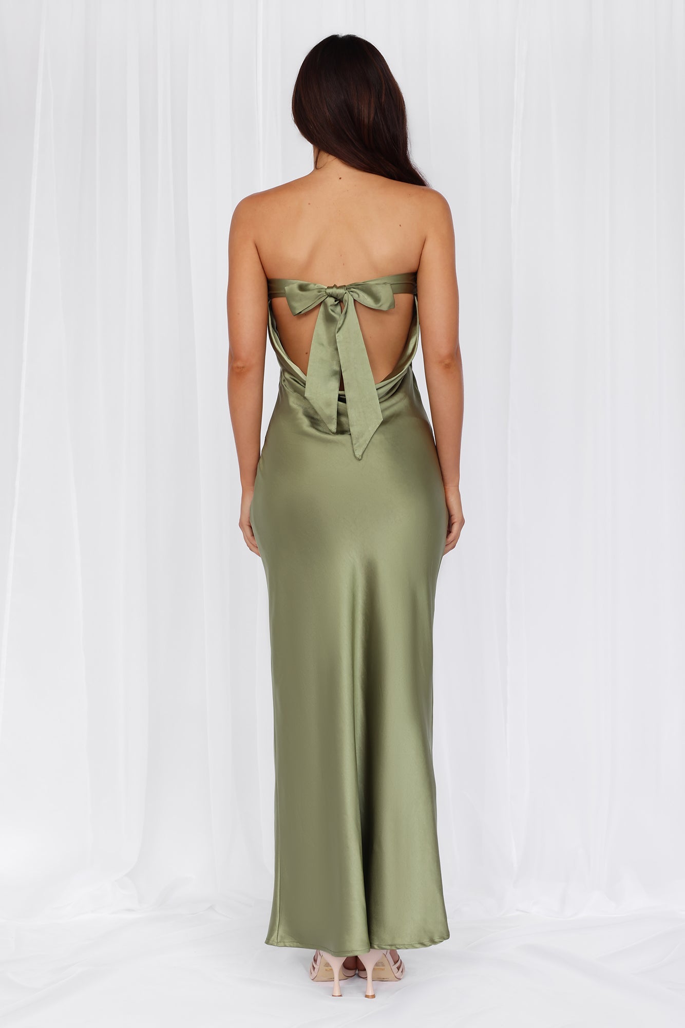 The Felicity Strapless Satin Maxi Dress Olive
