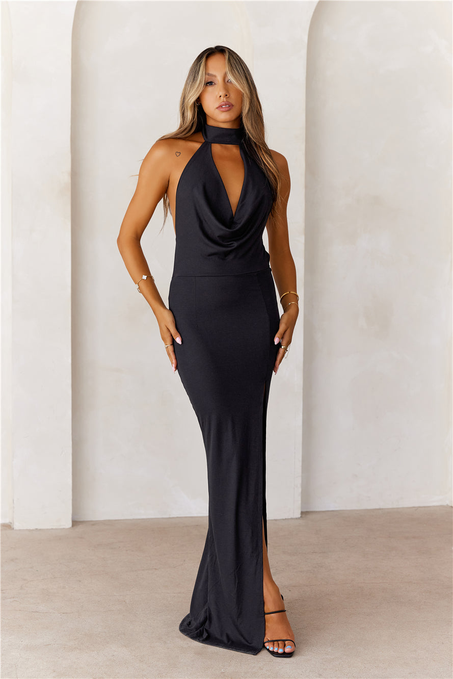 Refined Luxury Halter Maxi Dress Black
