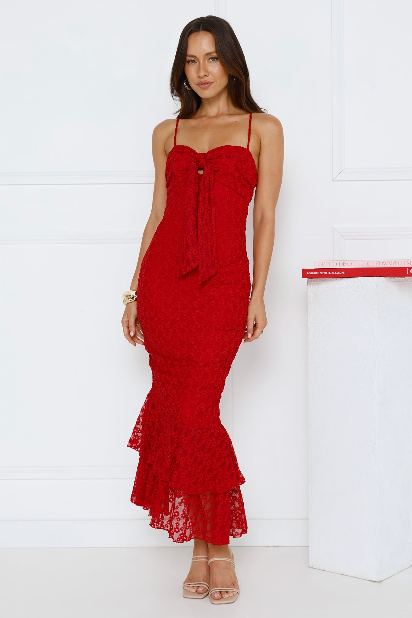 Frosted Rose Mesh Midi Dress Red