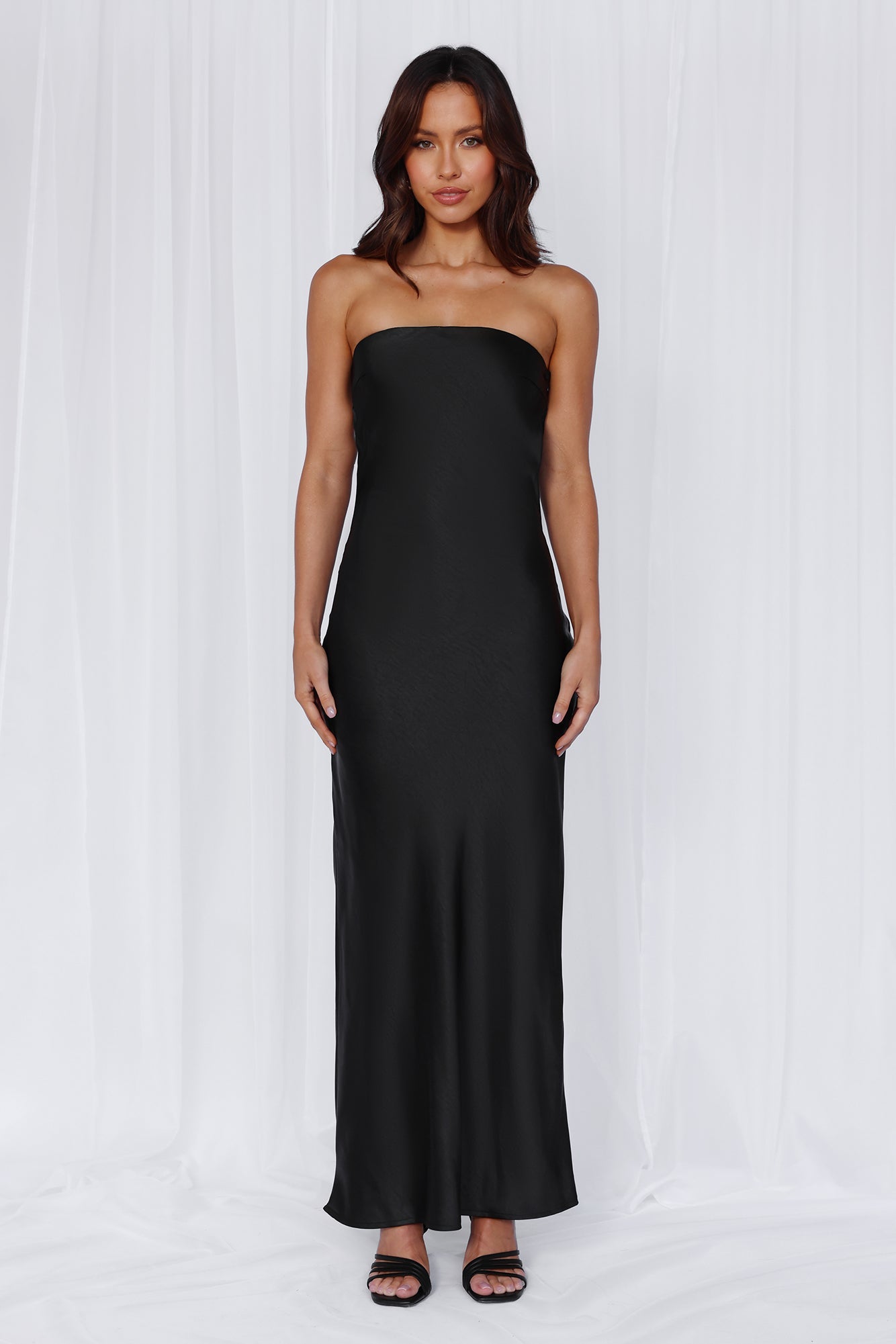 The Felicity Strapless Satin Maxi Dress Black