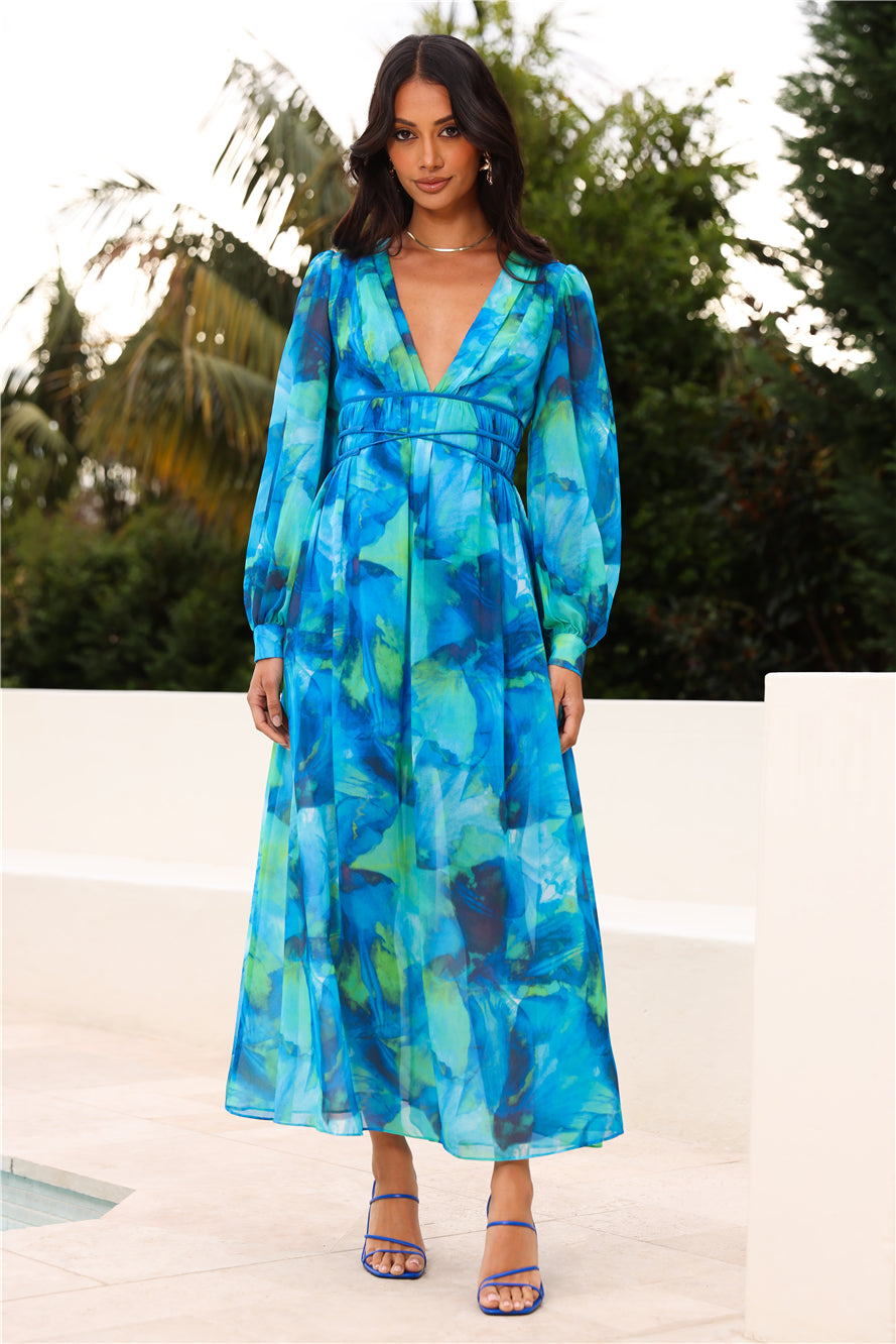 Spring Waterfall Long Sleeve Maxi Dress Blue