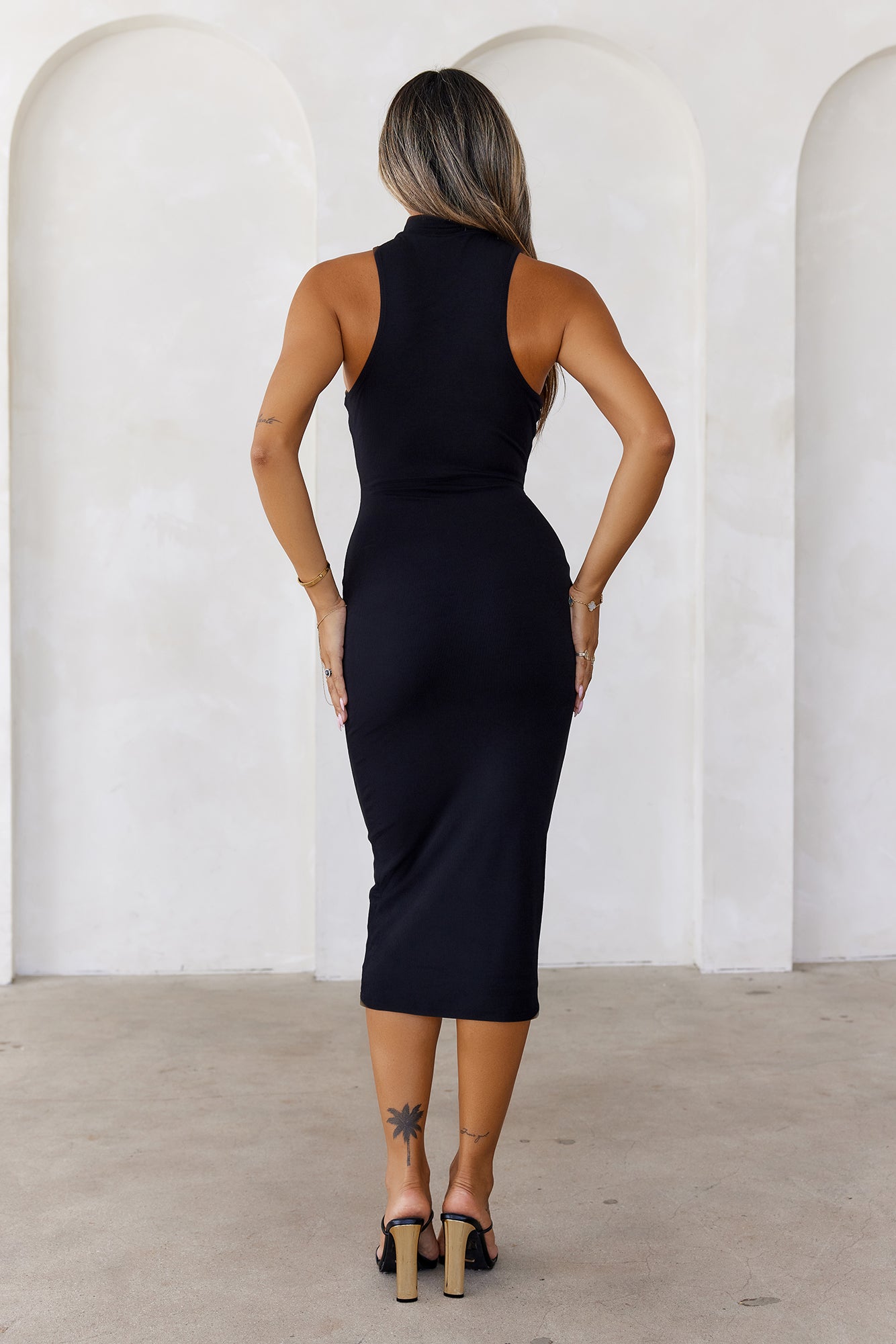 BASE The High Neck Ribbed Bodycon Midi Dress Black