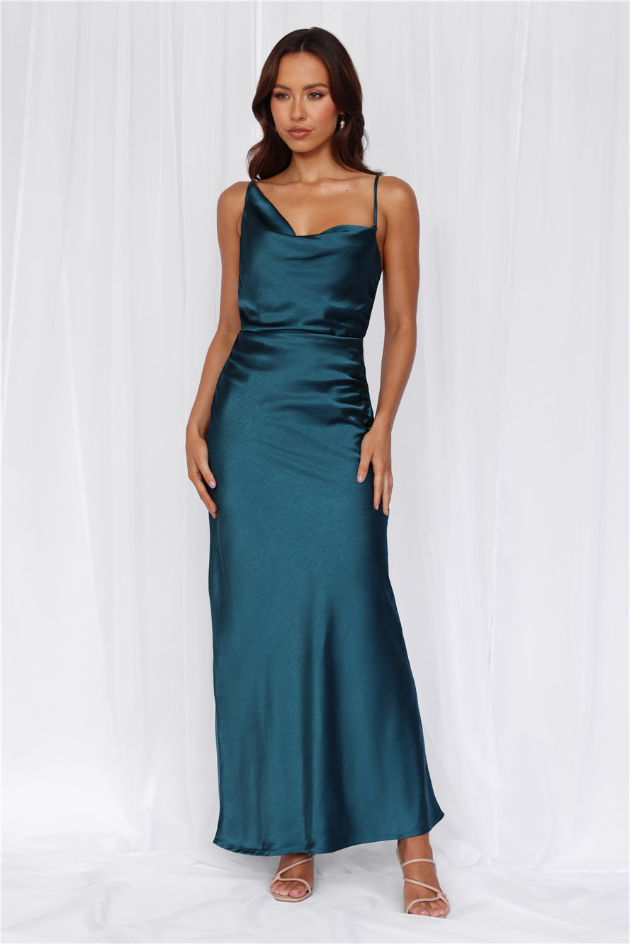 HELLO MOLLY The Madeline Cowl Satin Maxi Dress Teal