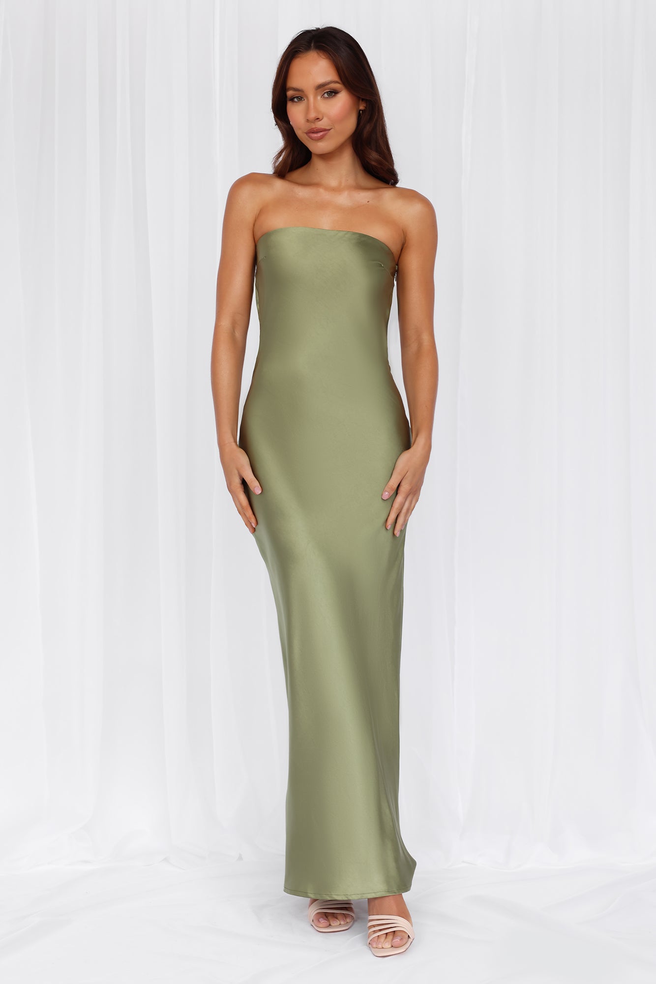 The Felicity Strapless Satin Maxi Dress Olive