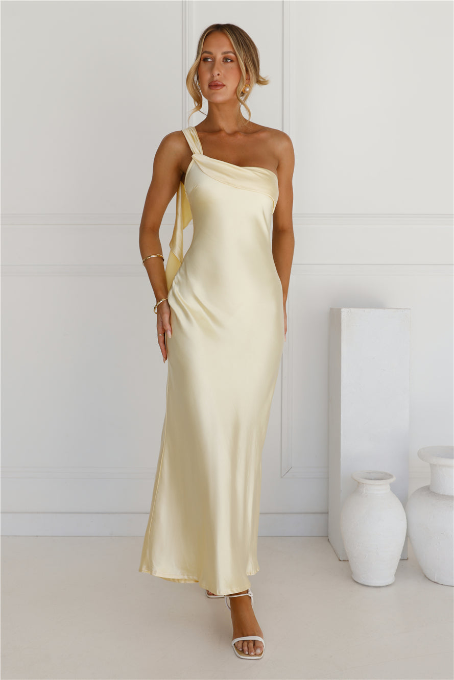 Romantic Tales Satin One Shoulder Maxi Dress Yellow