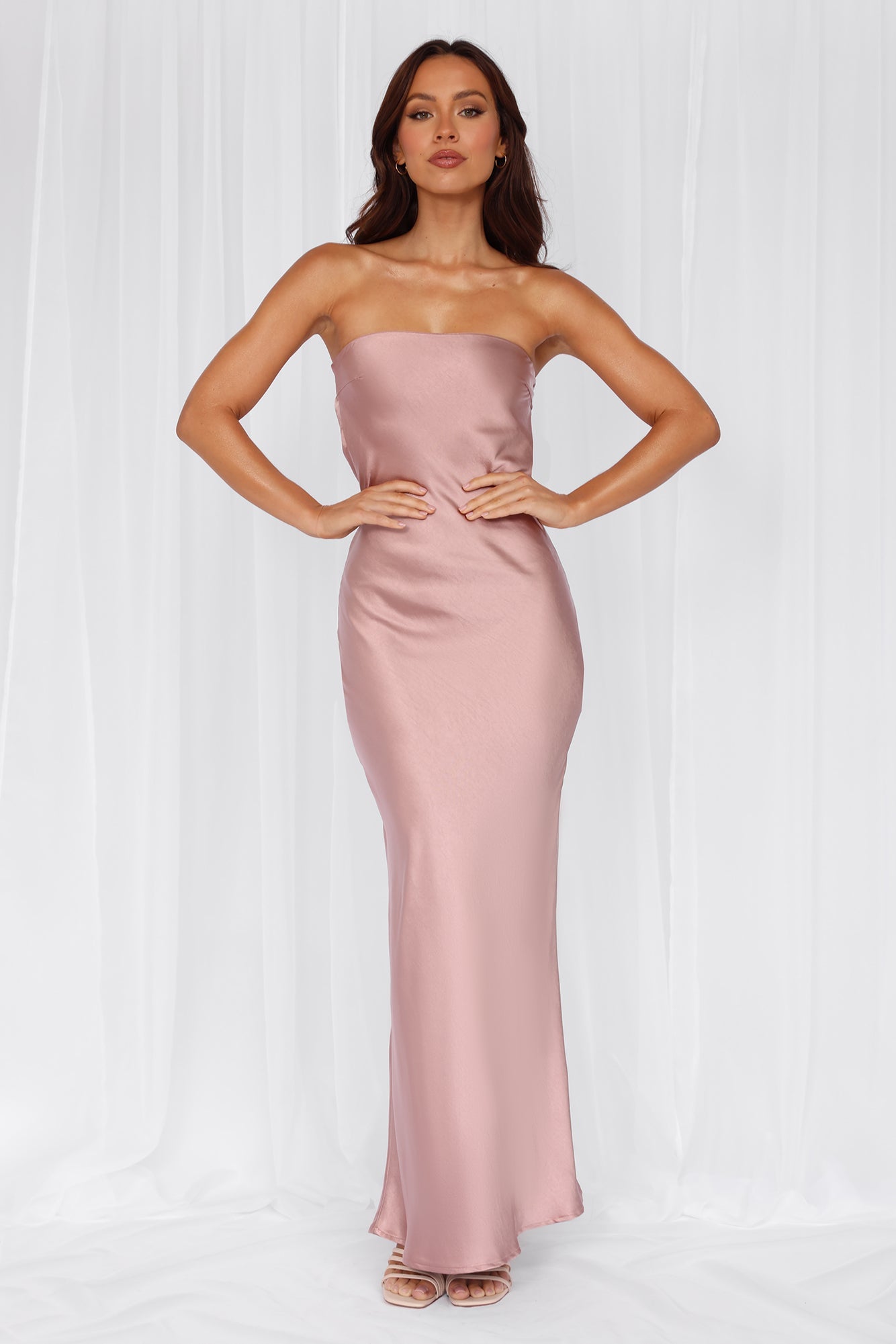 The Felicity Strapless Satin Maxi Dress Dusty Pink