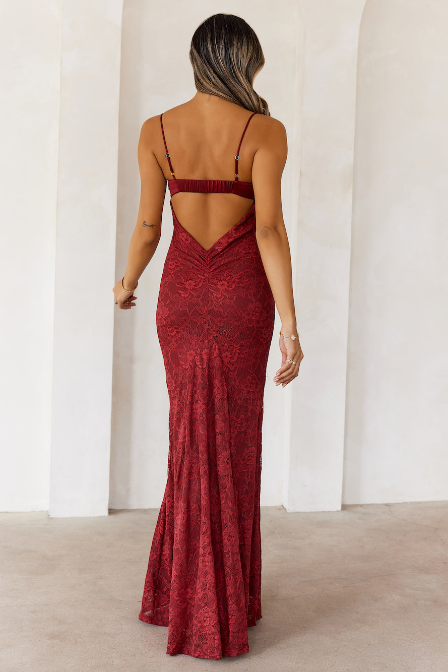Chasing Midnight Lace Maxi Dress Wine