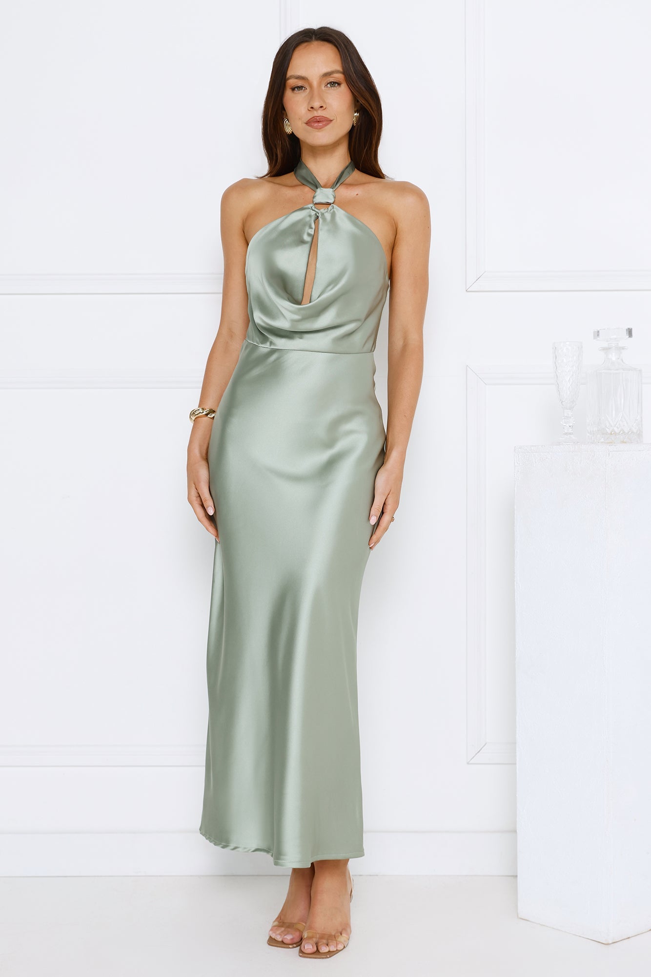 Essence of Style Halter Satin Maxi Dress Sage