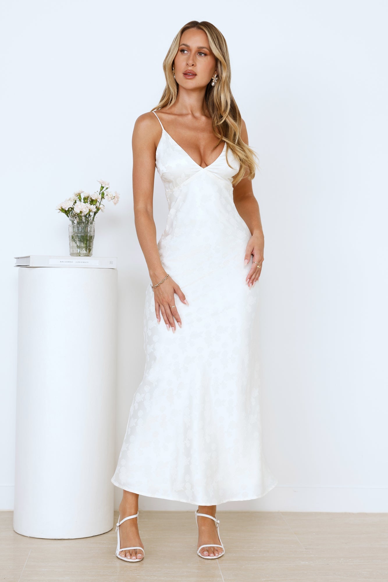 Floral Kiss Satin Maxi Dress Beige
