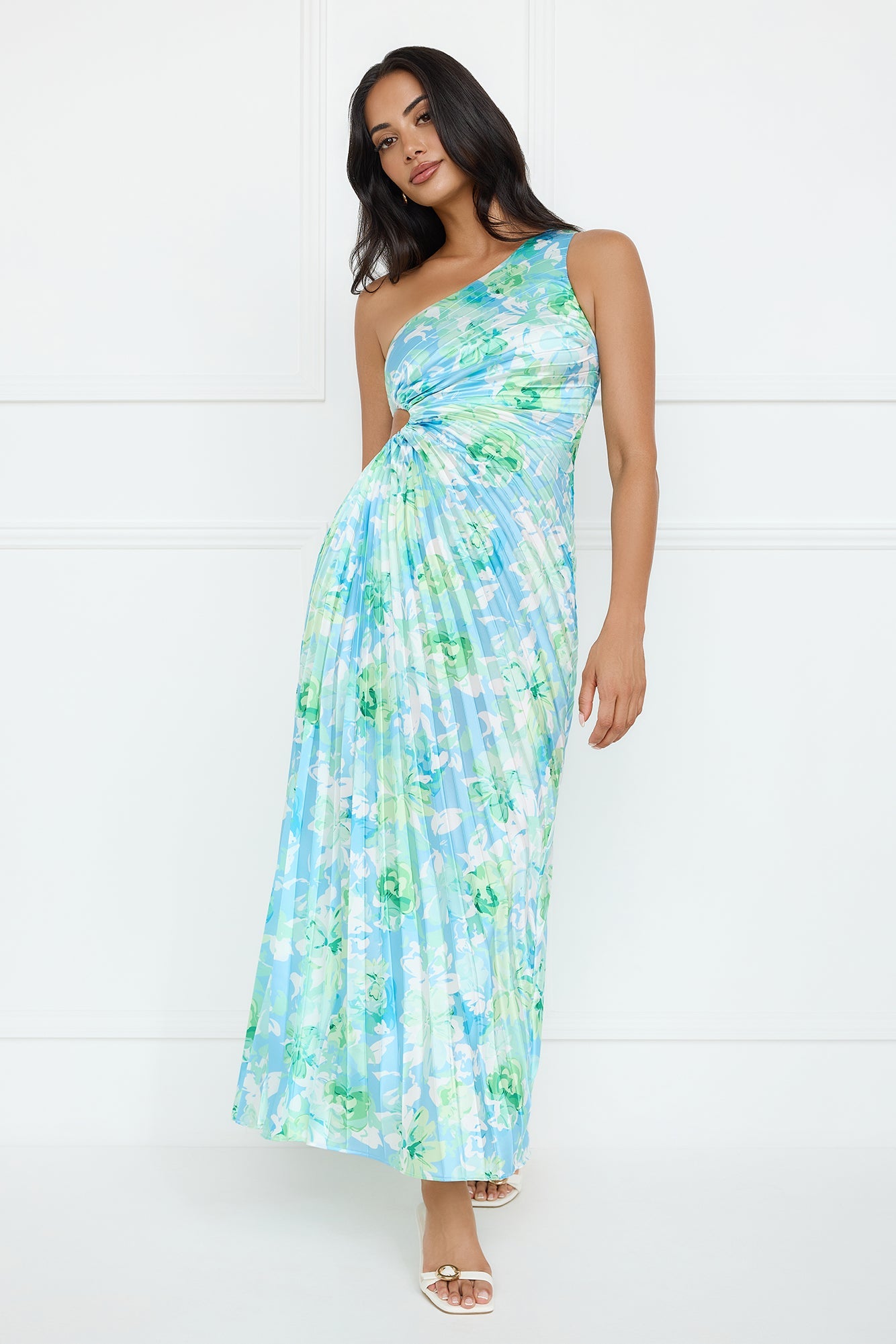 Emerald Ice One Shoulder Satin Pleated Maxi Dress Blue