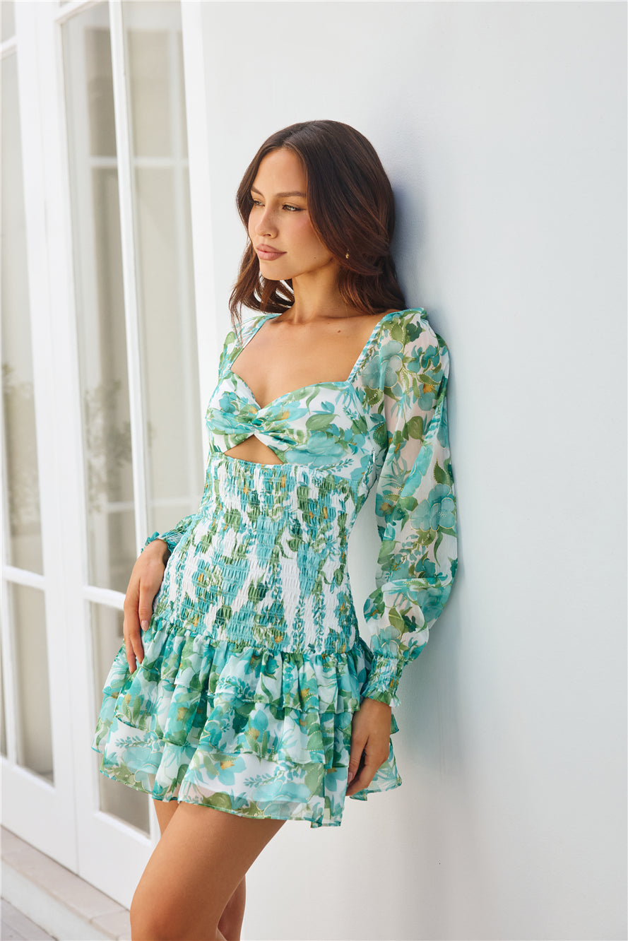 Tea Gardens Long Sleeve Mini Dress Green