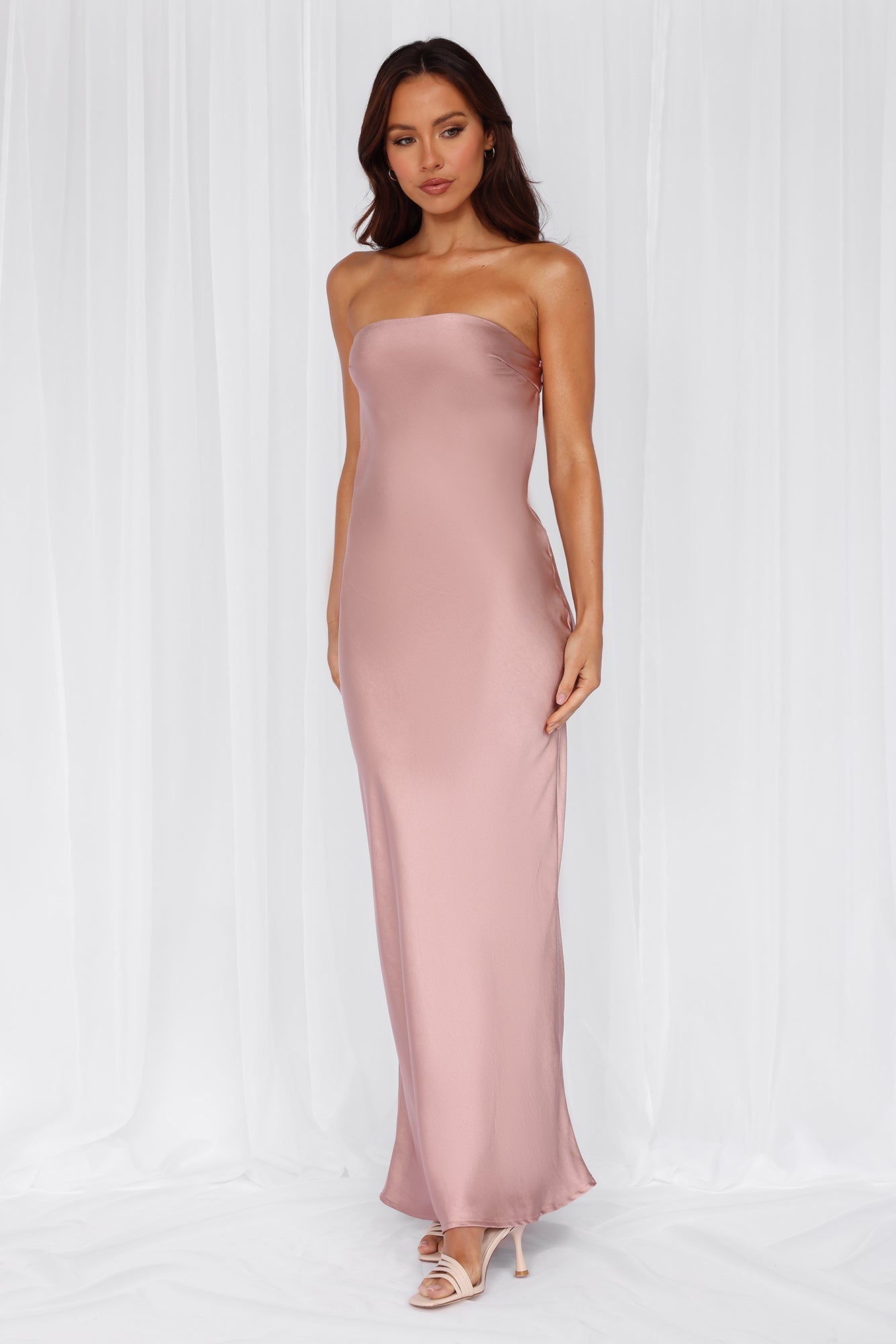 The Felicity Strapless Satin Maxi Dress Dusty Pink