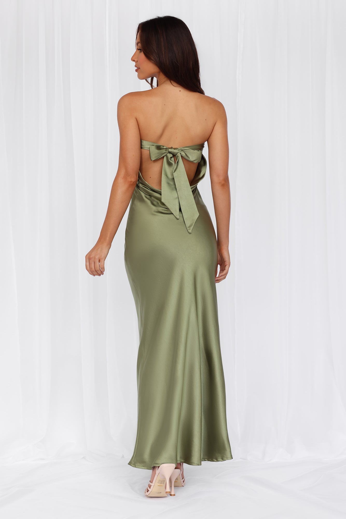 The Felicity Strapless Satin Maxi Dress Olive
