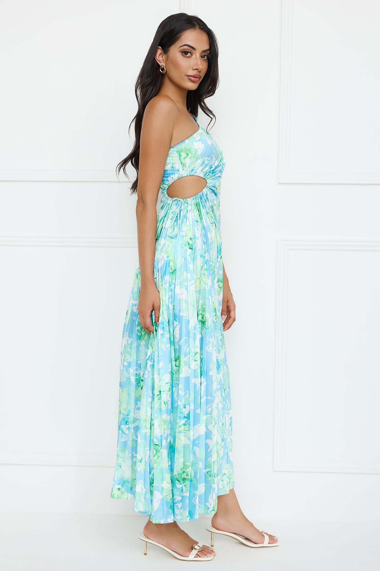 Emerald Ice One Shoulder Satin Pleated Maxi Dress Blue