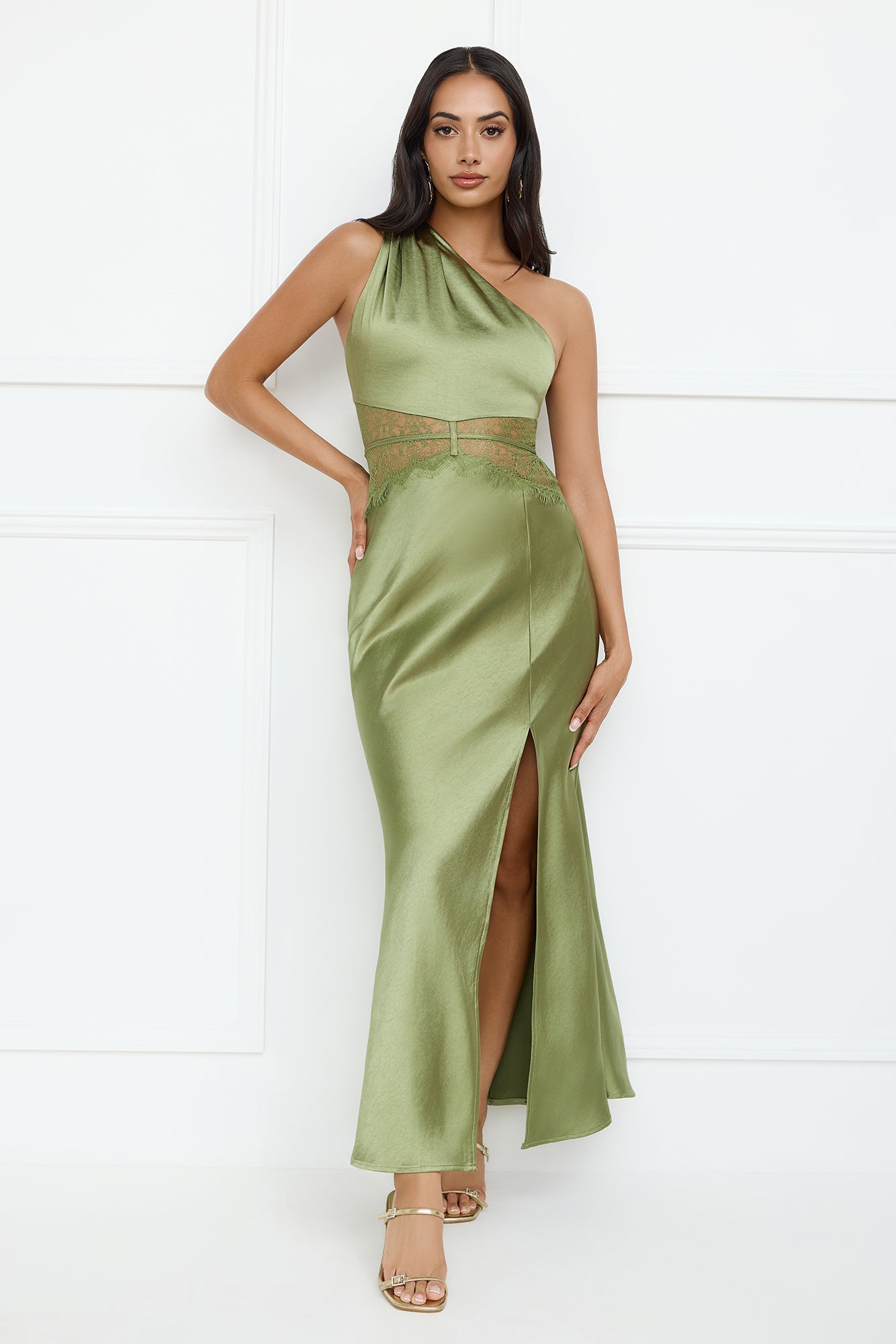 Show You Love One Shoulder Satin Maxi Dress Green
