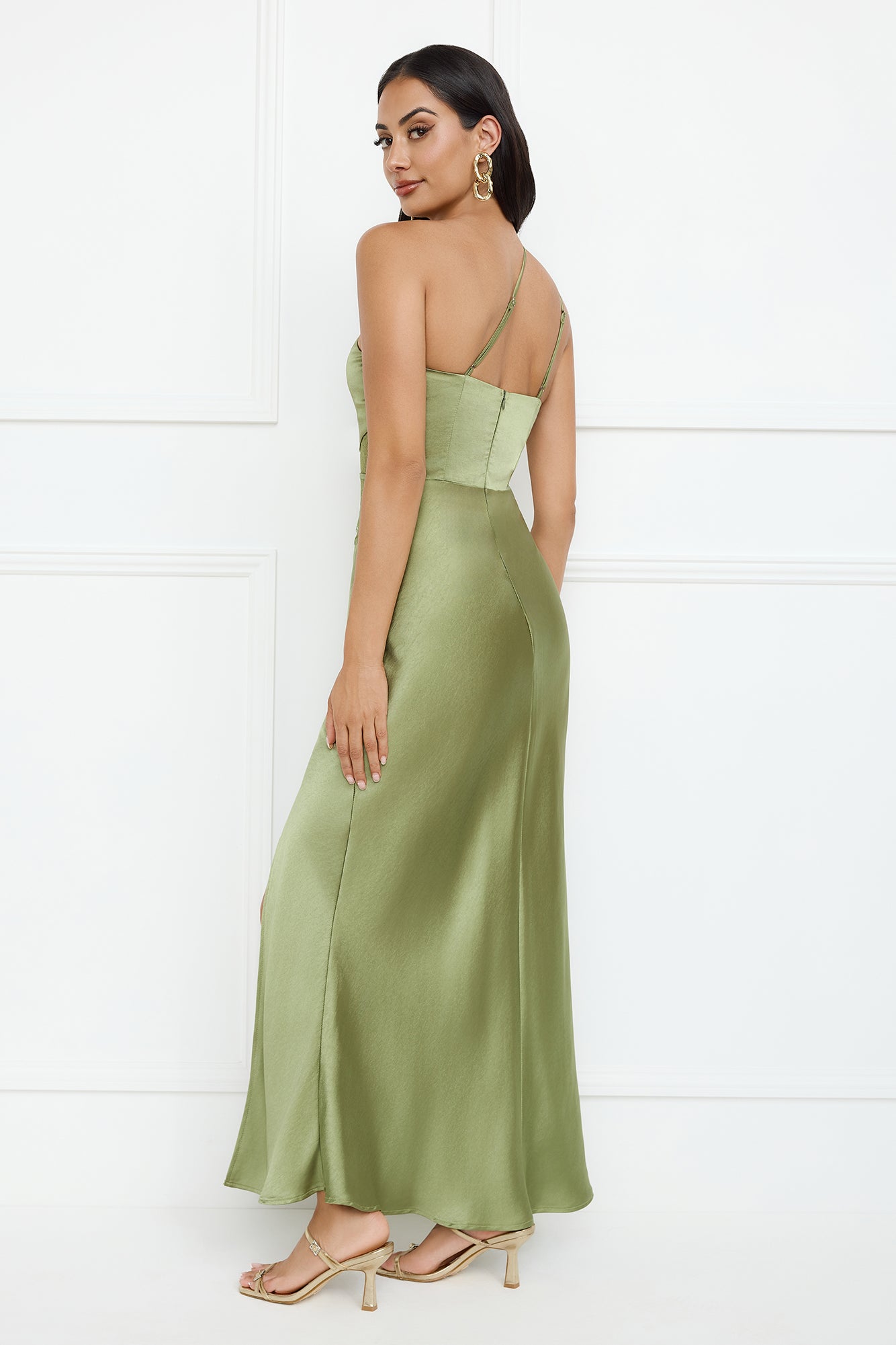Show You Love One Shoulder Satin Maxi Dress Green