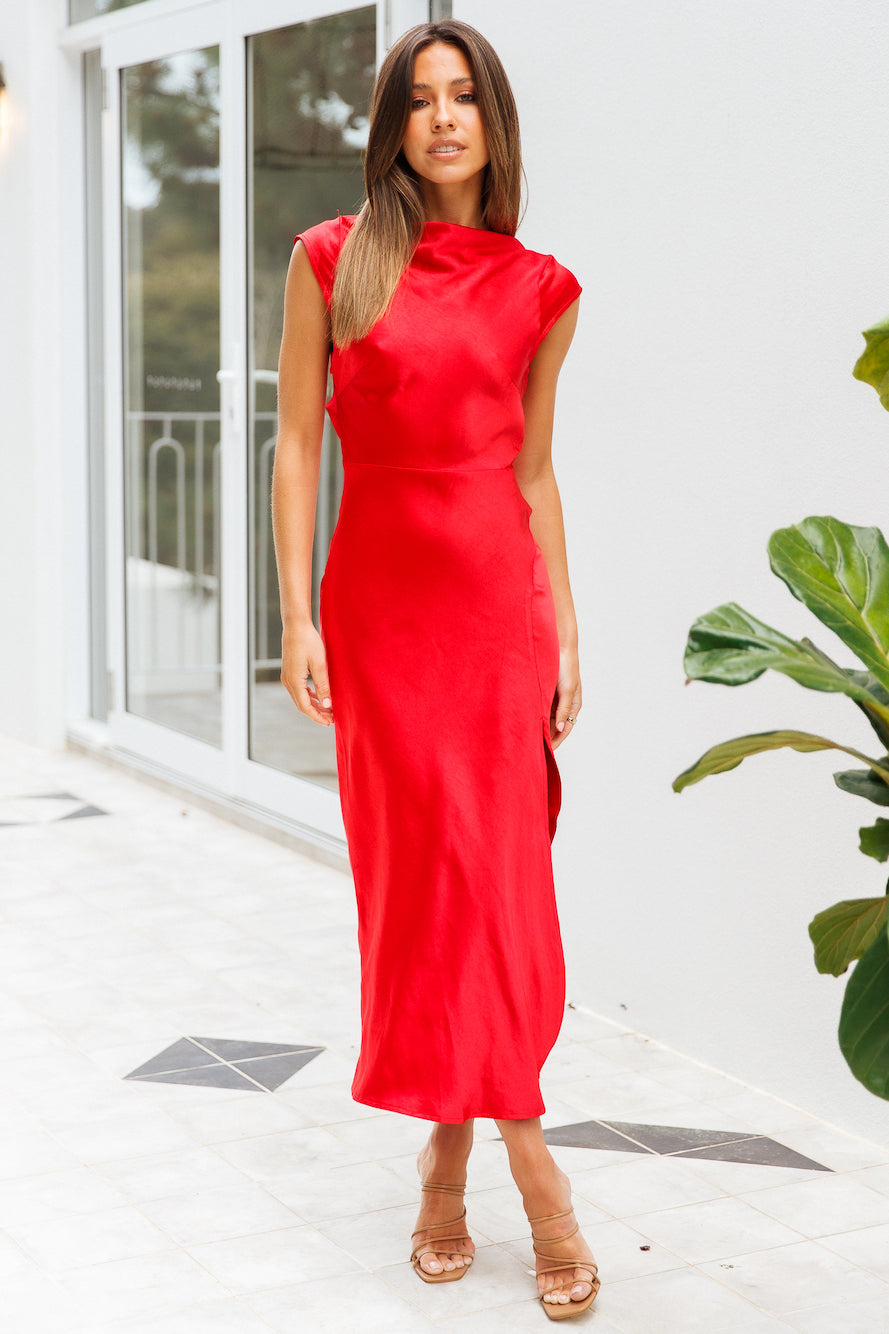 Get In Formation Satin Midi Dress Red
