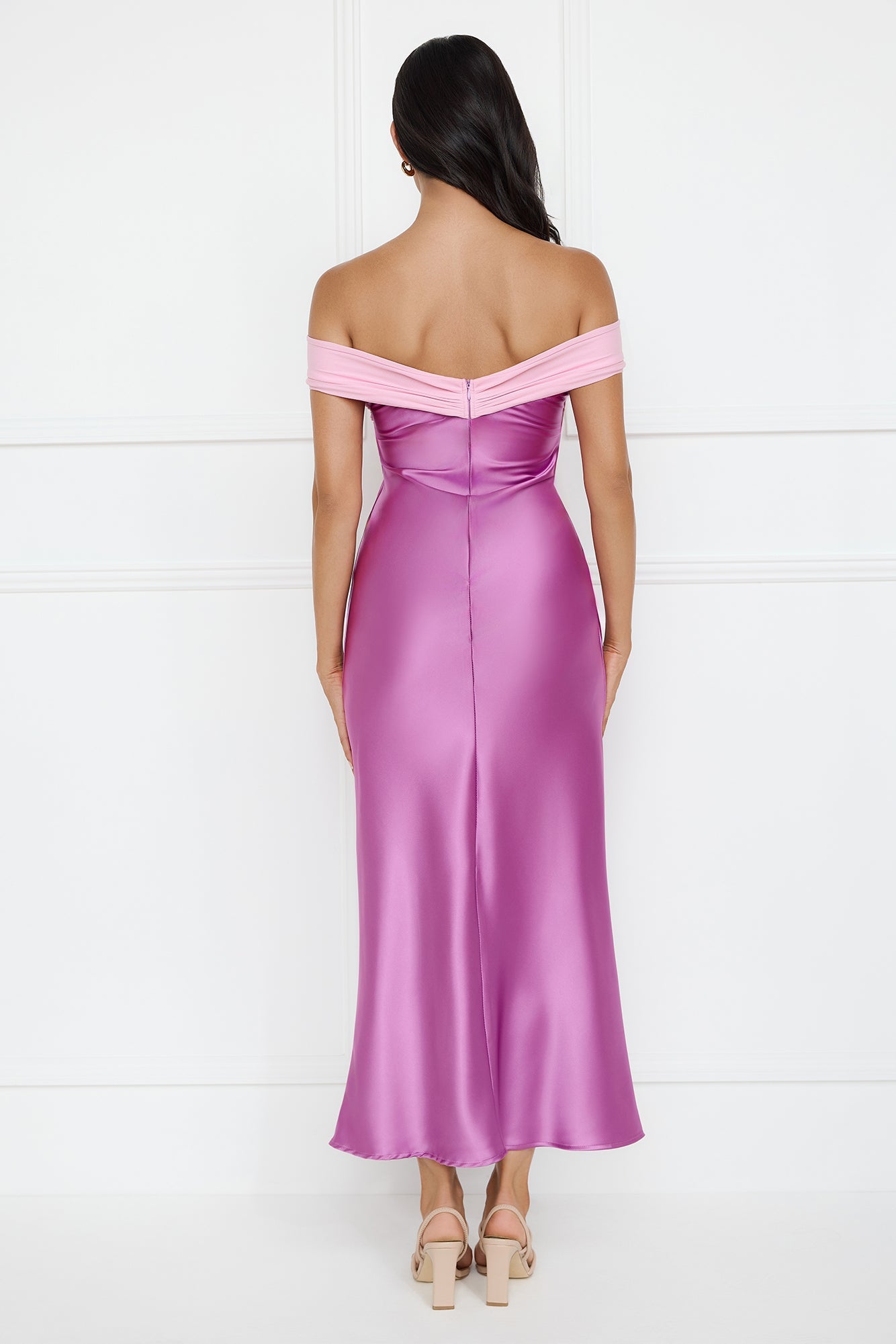 Luxe And Lavish Off Shoulder Satin Maxi Dress Purple