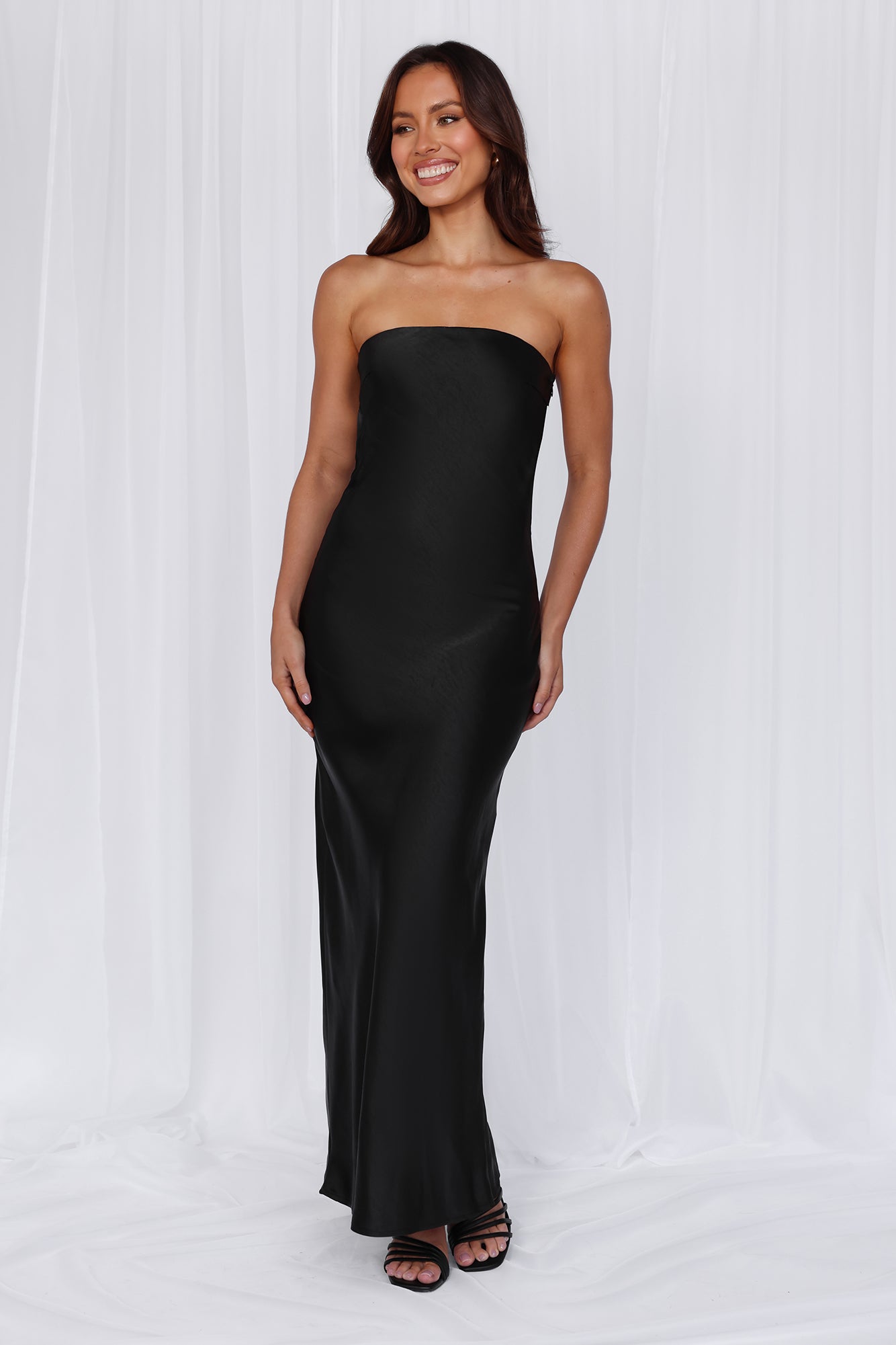 The Felicity Strapless Satin Maxi Dress Black