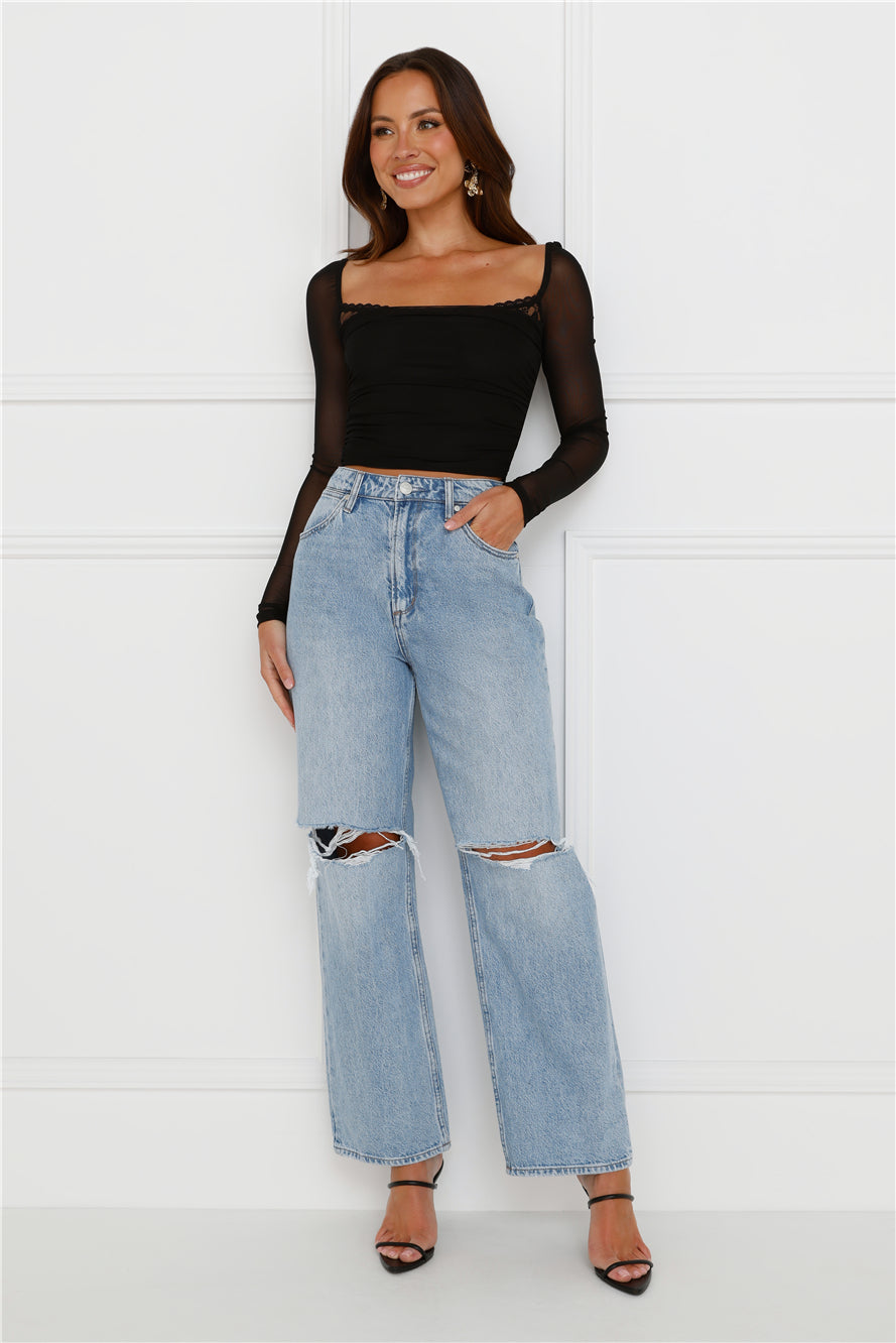 Decadent Style Mesh Long Sleeve Crop Top Black