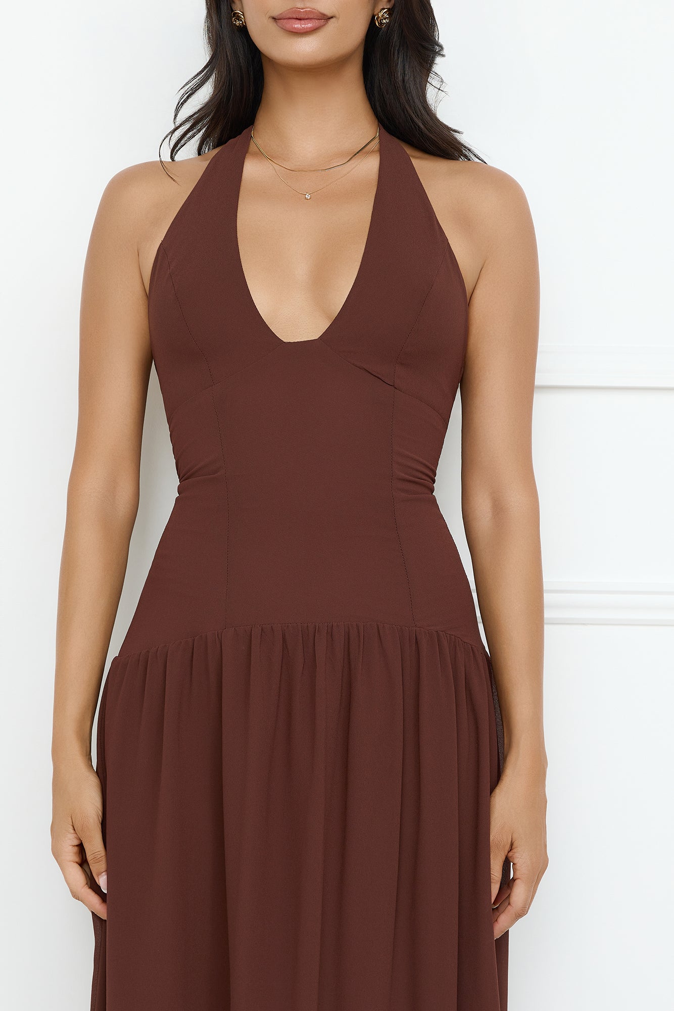Sassy Style Halter Midi Dress Brown