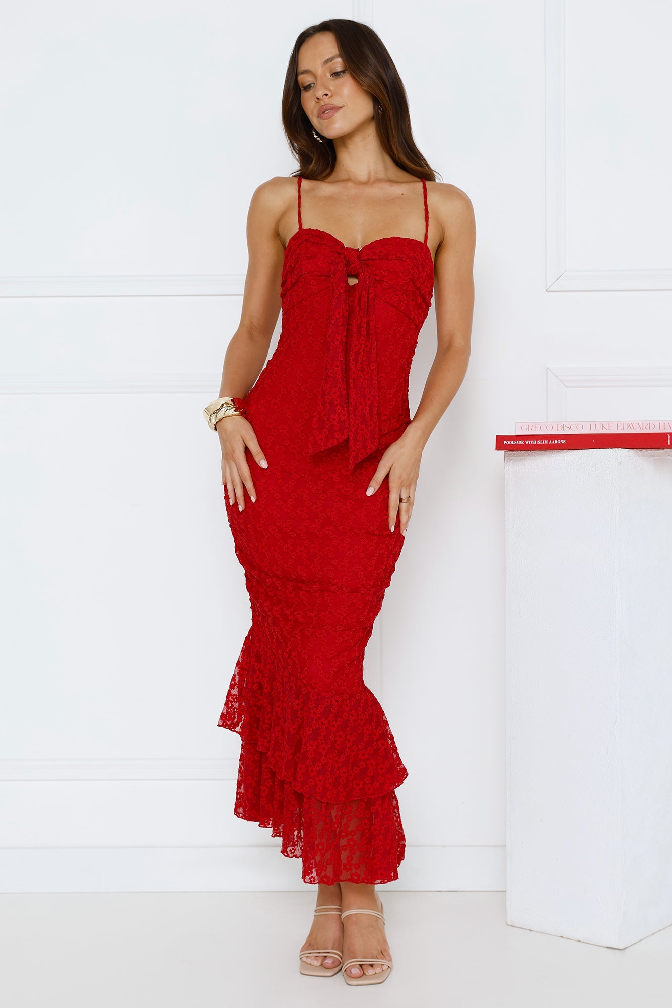 Frosted Rose Mesh Midi Dress Red