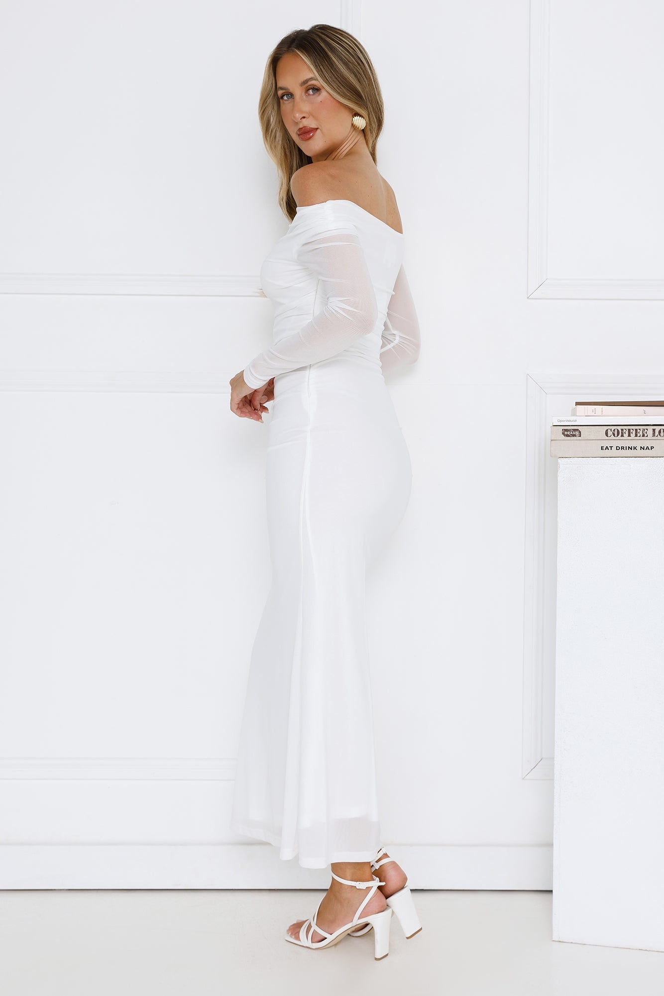 Curve Embrace Off Shoulder Mesh Maxi Dress White