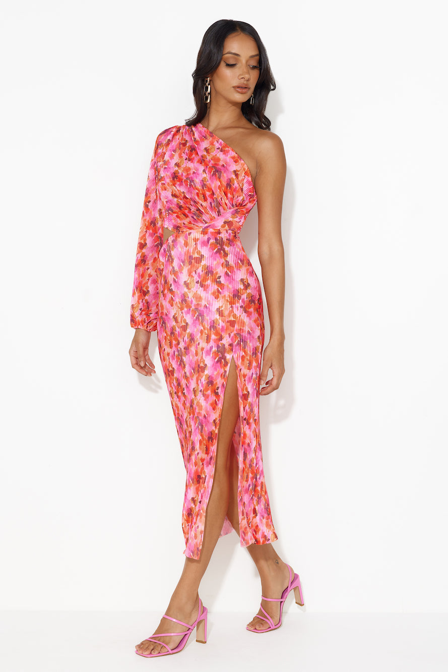 Star Show One Shoulder Plisse Midi Dress Pink