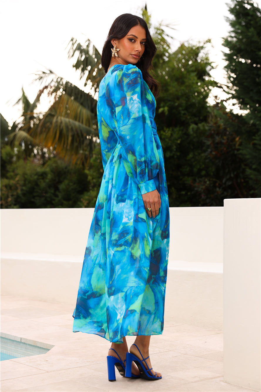 Spring Waterfall Long Sleeve Maxi Dress Blue